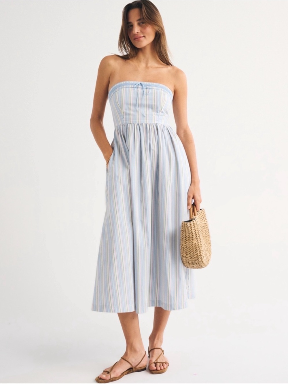 Abercrombie & Fitch Emerson Strapless Blue Stripe Midi Dress ST